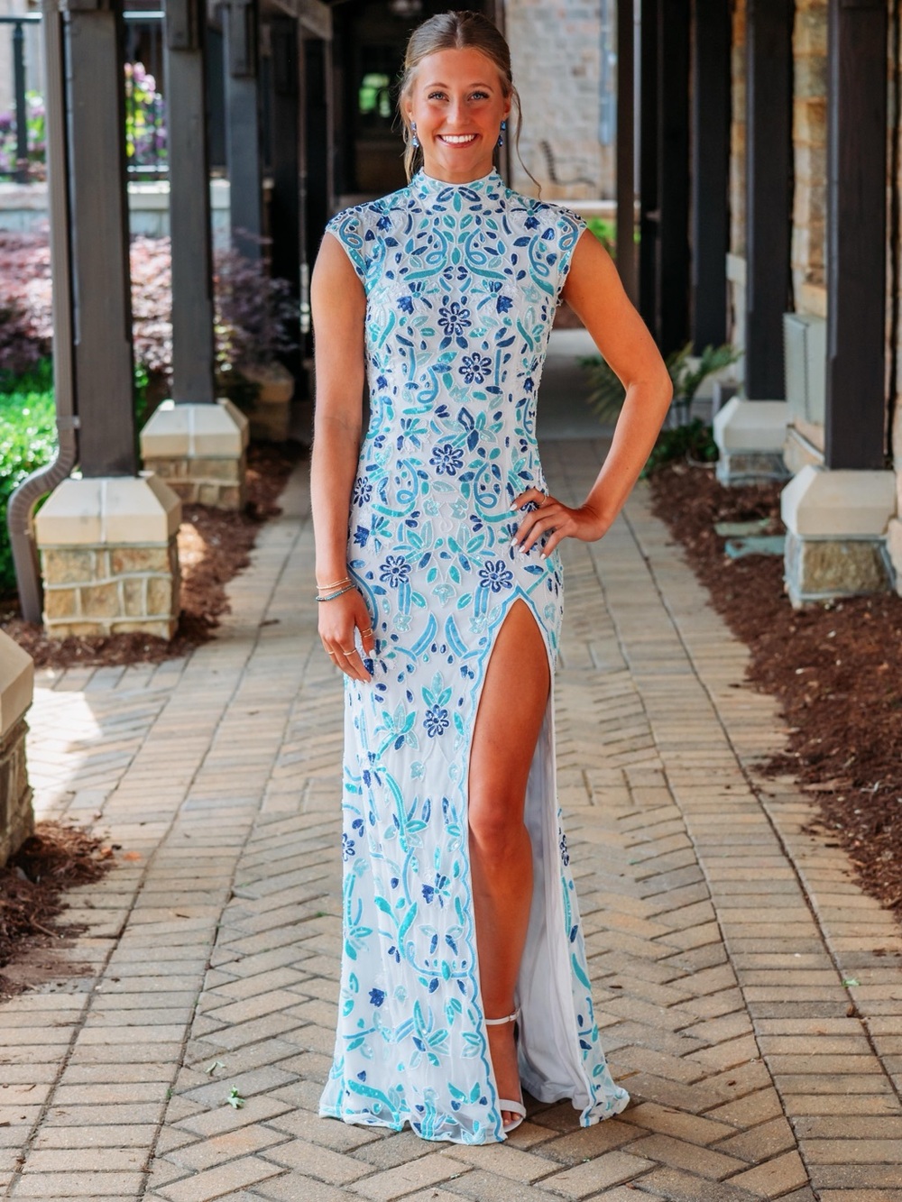 Alyce Paris high neck beaded gown with slit  - White & Blue